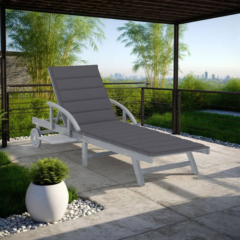 Patio Sun Chaise Lounger, Gray Fabric, Acacia Wood, Wheels, 78 Inch