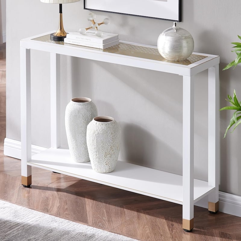 2-Tier Glass Entryway Console Entrance Table with Shelves - White+Gold