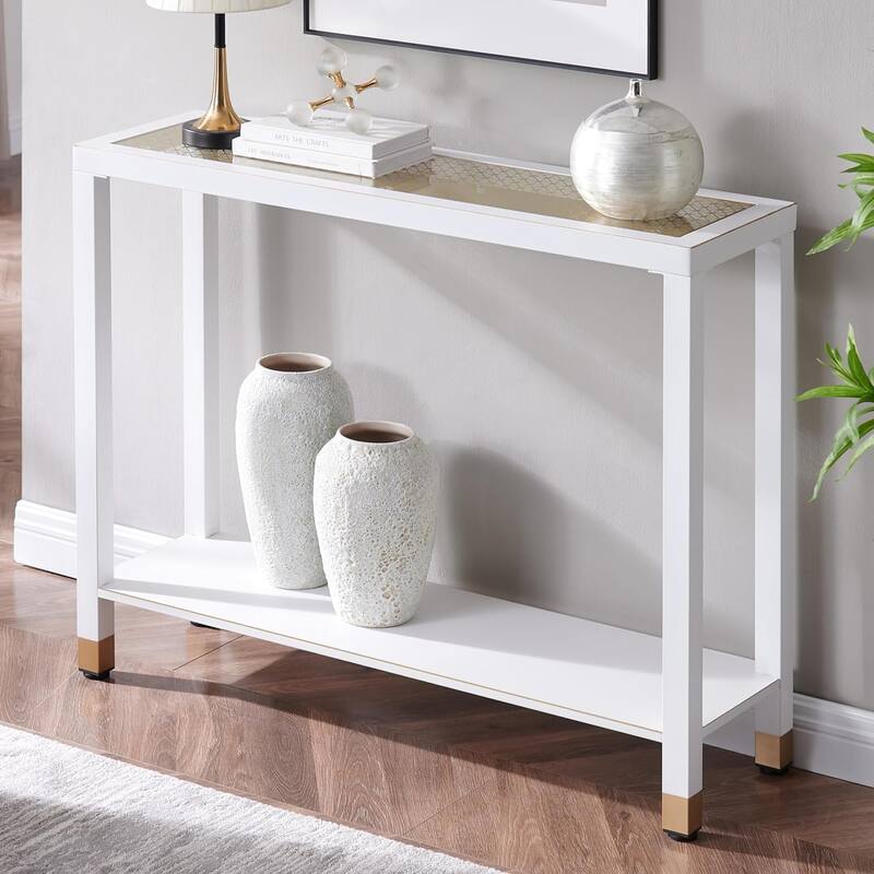 Glass Entryway Table, 2-Tier Entry Way Console Entrance Table, 41"L Narrow Sofa Table with Shelves, Ideal for Hallway - White+Gold