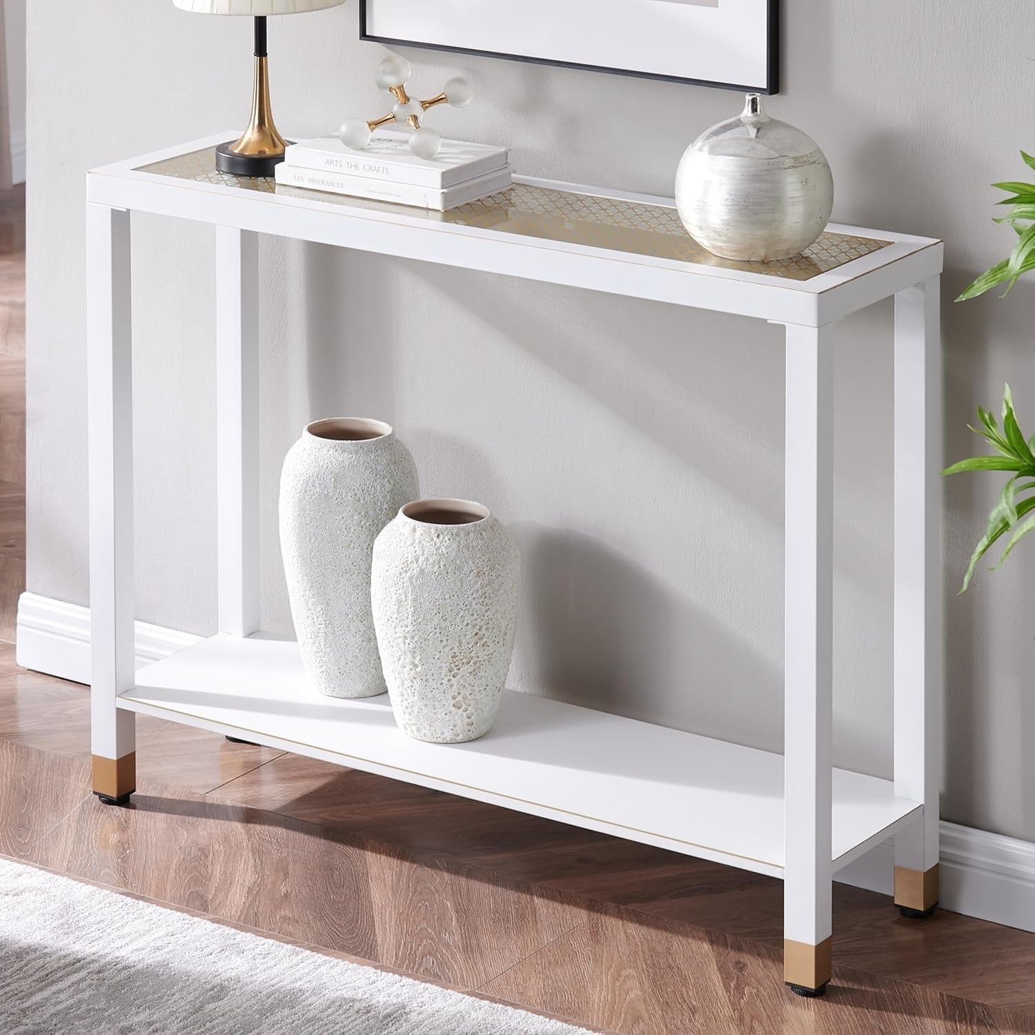 Simple Entryway Table Console Table Side Table with Open Shelf, White Gold Sofa Table Coffee Table Hallway Table
