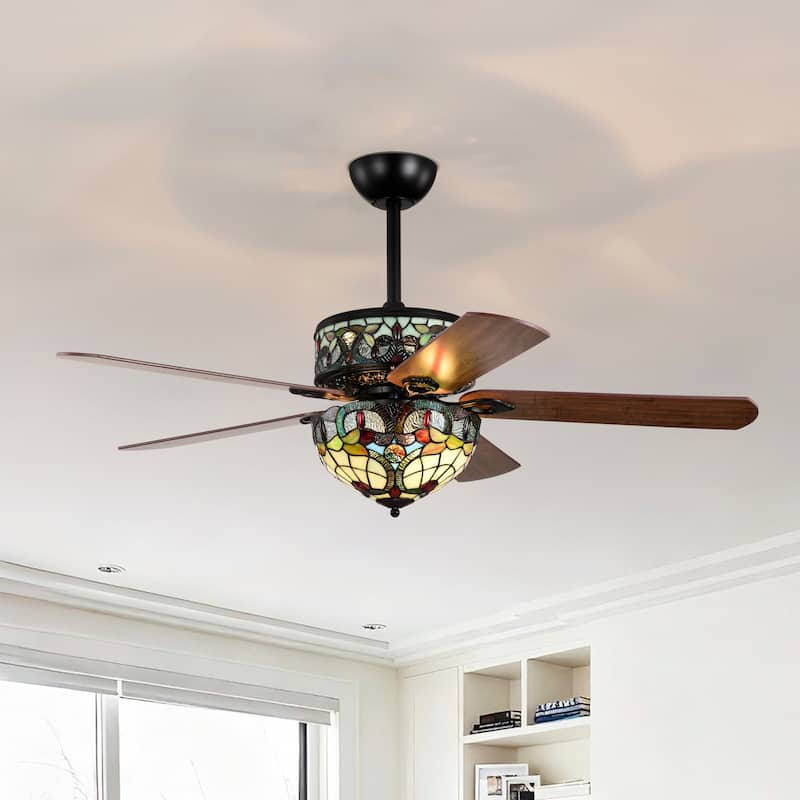 Inio 5-Blade Lighted Ceiling Fan 2-Tier Tiffany Style Glass
