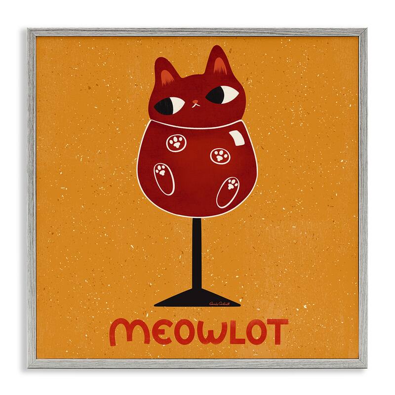 Stupell Meowlot Cat Merlot Framed Giclee Art Design By Carrie Cantwell - 24 x 24 - Grey