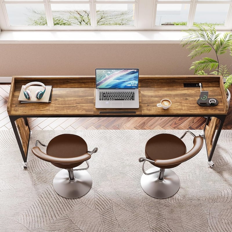 35.4" to 43.3" Height Adjustable Overbed Table with Wheels, 70.8" Queen Size Mobile Laptop Desk, Built-in Outlets & USB Ports