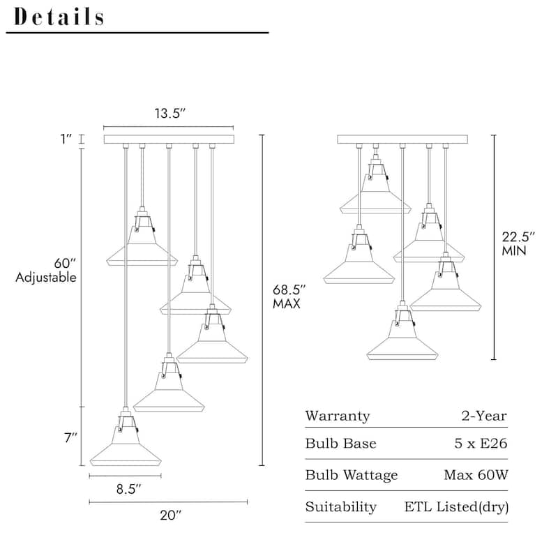 Modern Farmhouse 5-Light Black Brass Metal Chandelier with Bowl-Shaped Pendant Lights for Kitchen Dining Room - 20" D x 7" H