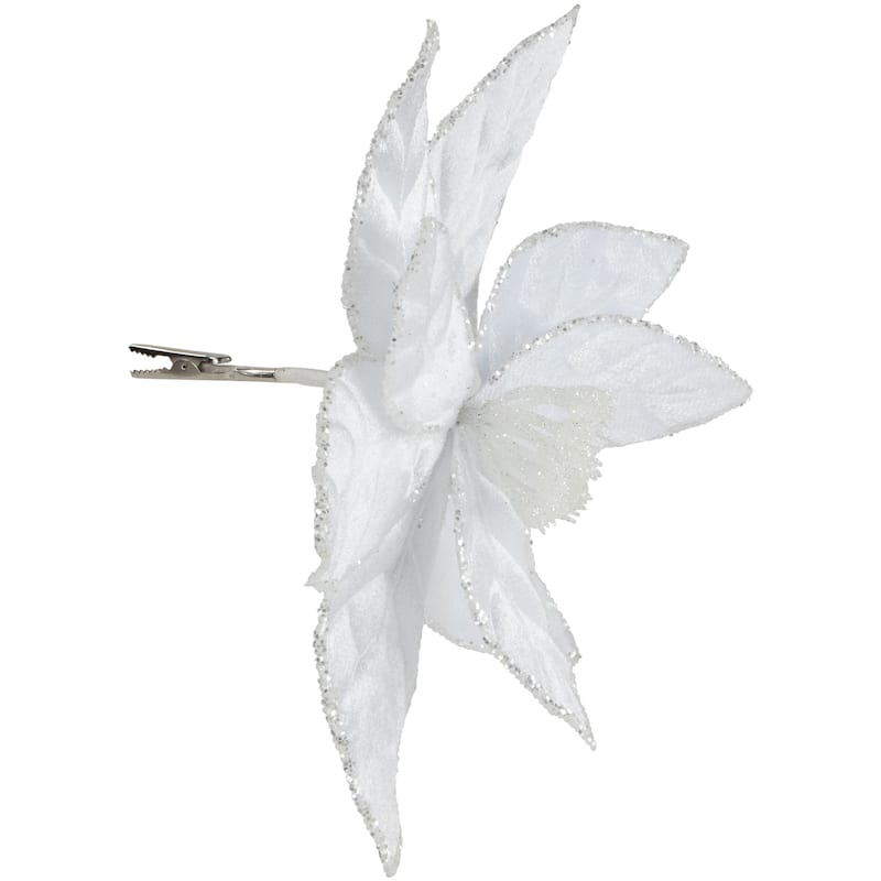 9.5" Snow White Glittered Poinsettia Floral Christmas Clip