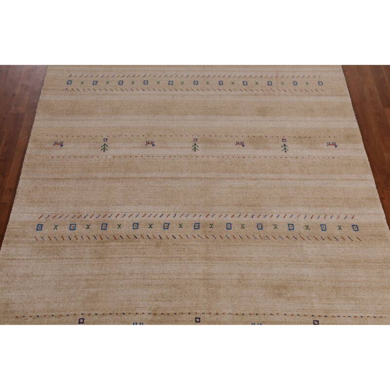 Hand Knotted Oriental 100% Wool Carpet Tribal Animal Pictorial Yellow & Gold Gabbeh Area Rug - 8' 9'' X 6' 2''