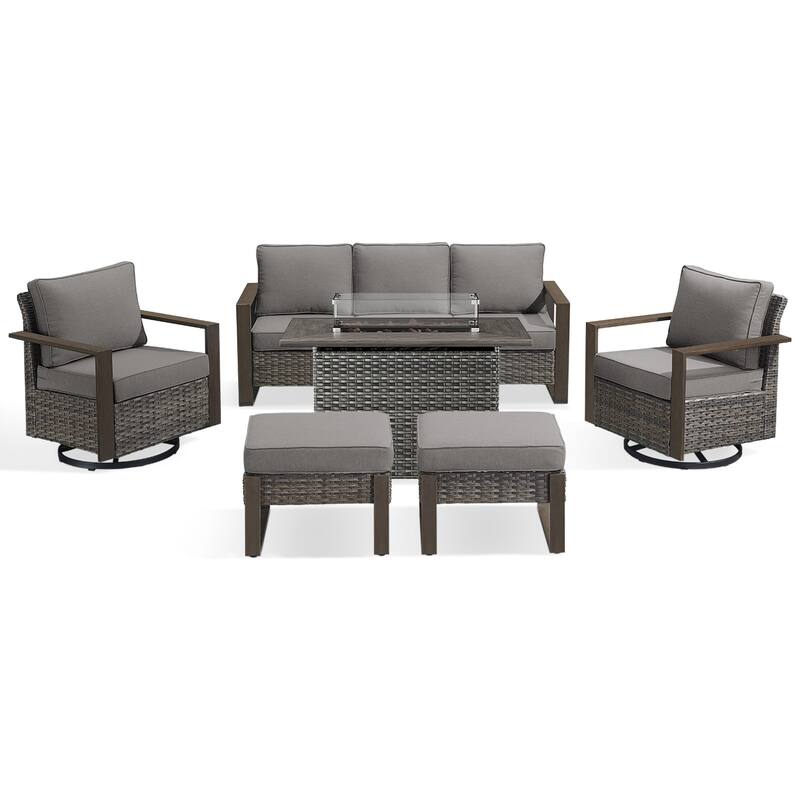 Meyreso Wicker Outdoor Patio Fire Pit Set with Swivel Gliders & 4.5" Olefin Cushions
