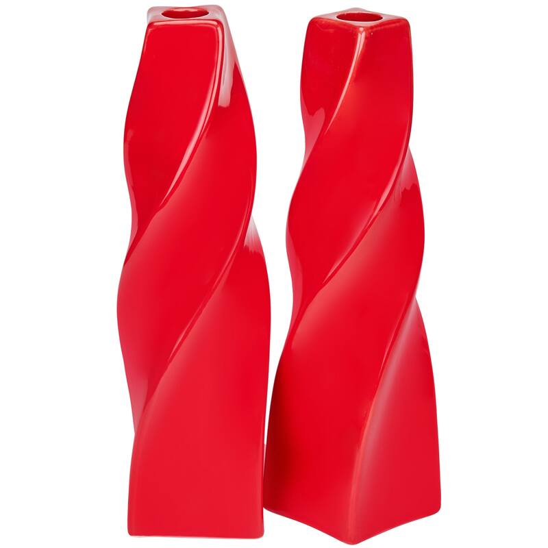 Red Tall Curvy Santa Fe Style Ceramic Candlesticks Set of Two