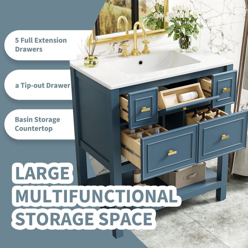 30" Freestanding Bathroom Vanity with Ceramic Sink, 5 Drawers, Solid Wood Frame, Blue and Gold Finish, Storage Cabinet