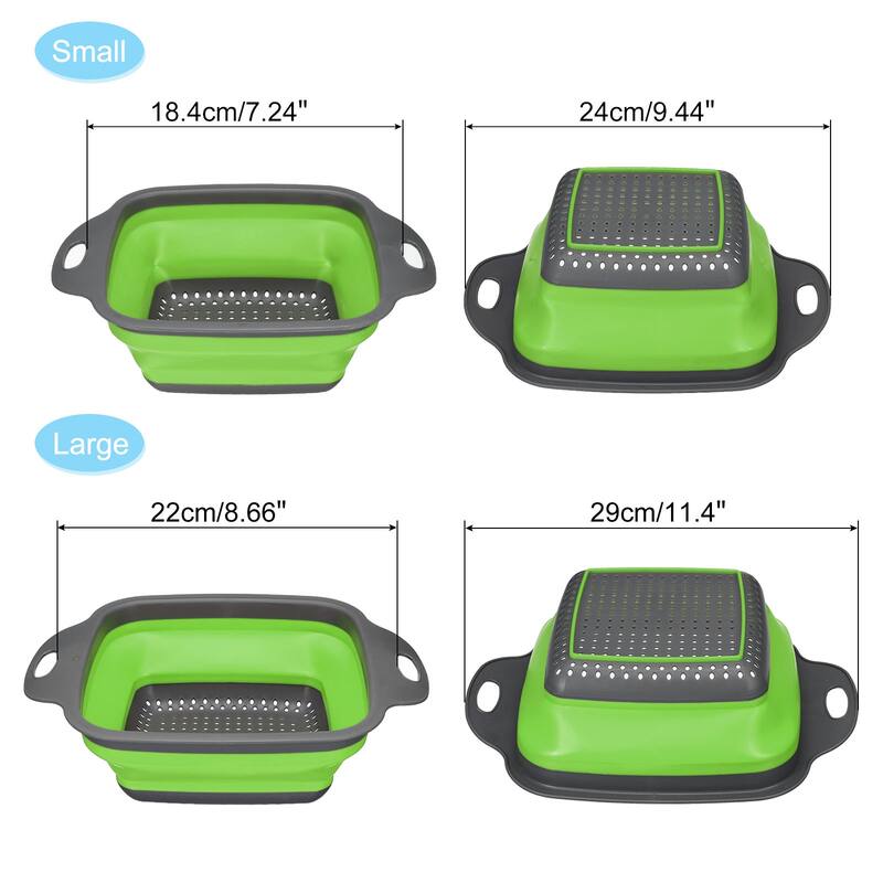 Collapsible Colander Set, 3 Pcs Silicone Foldable Strainer Green - 29cm x 22cm x 9cm