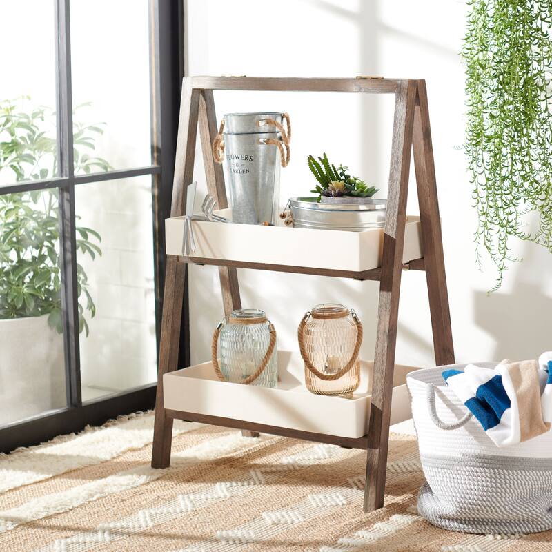 SAFAVIEH Outdoor Jacey 2-Tier Storage Shelf - 28Wx16Dx39H - Dark Walnut/Beige