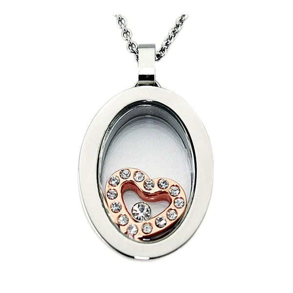 Stainless Steel Glass Pendant w/ Heart Rose Gold Plating - 18 inches