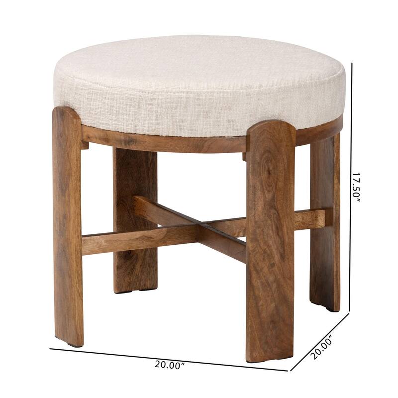 Whitfield Round Fabric Ottoman Stool - Modern Accent Seating or Footstool with Upholstered Cushion and Mango Wood Frame