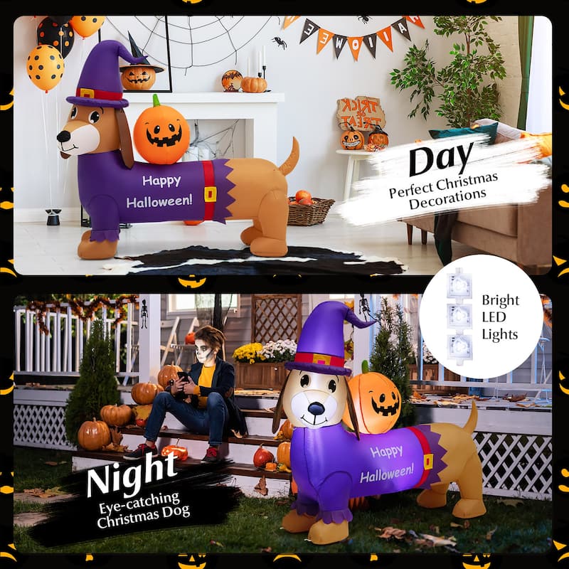Gymax 5FT Inflatable Halloween Dachshund Dog & Ghost Pumpkin Holiday