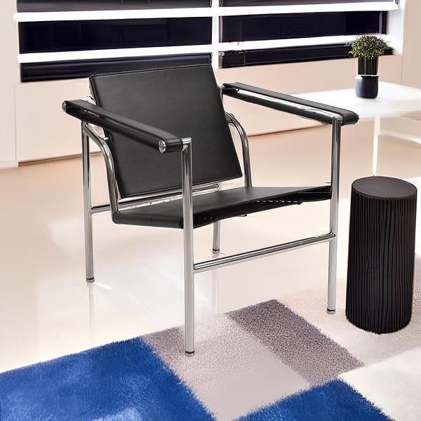 slide 2 of 7, Mid Century Stainless Steel Leather Armchair with Rotatable Backrest Black