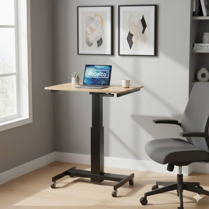 Rocelco 28 in. W Beige Height Adjustable Mobile School Standing Desk Cart with Gas Spring Assist and Laptop Riser Tray