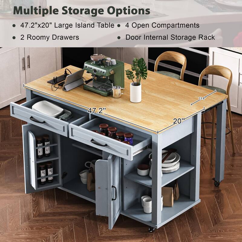 Kitchen Island with 2 Drawers and 2 Cabinet, Extendable Storage Table with Internal Storage Rack, Power Outlet for Living Room