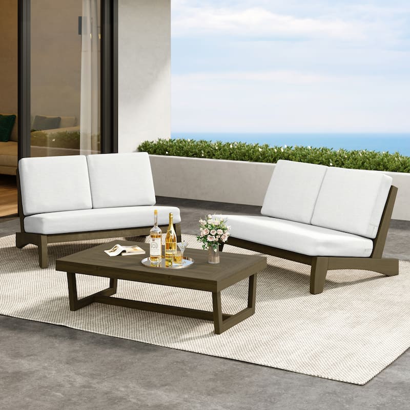 Outdoor 3-Piece Armless Lovesaet Sofa Conversation Set with Table - Separate Cushion - Beige/Brown