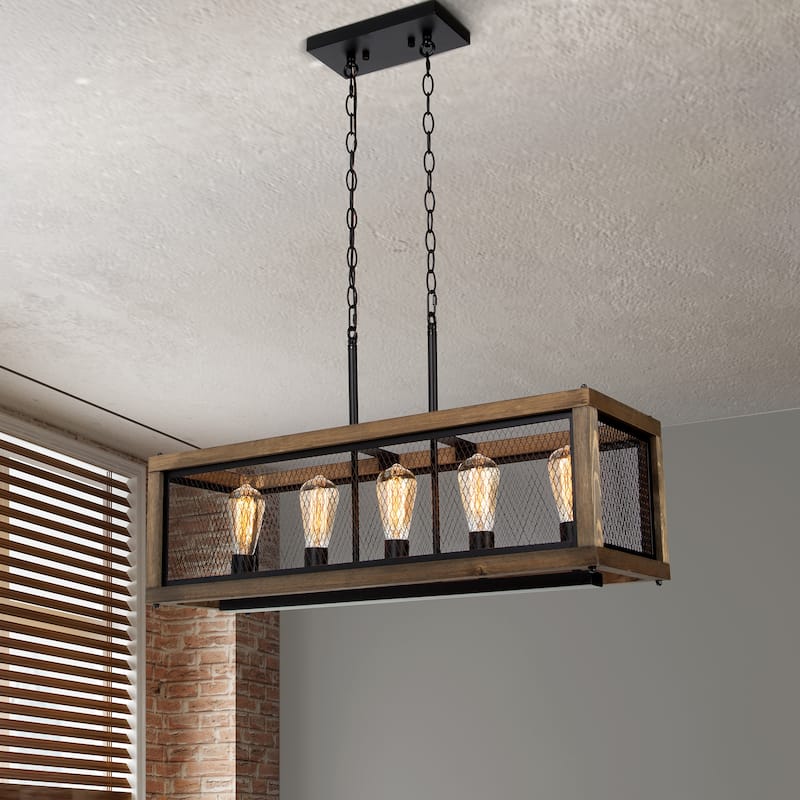 Campea Farmhouse 5-Light 31.5" Linear Wood Chandelier for Kitchen Island - L31.5"xW10"xH10"