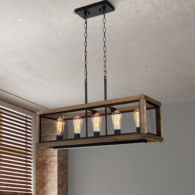 Campea Farmhouse 5-Light 31.5" Linear Wood Chandelier for Kitchen Island - L31.5"xW10"xH10"