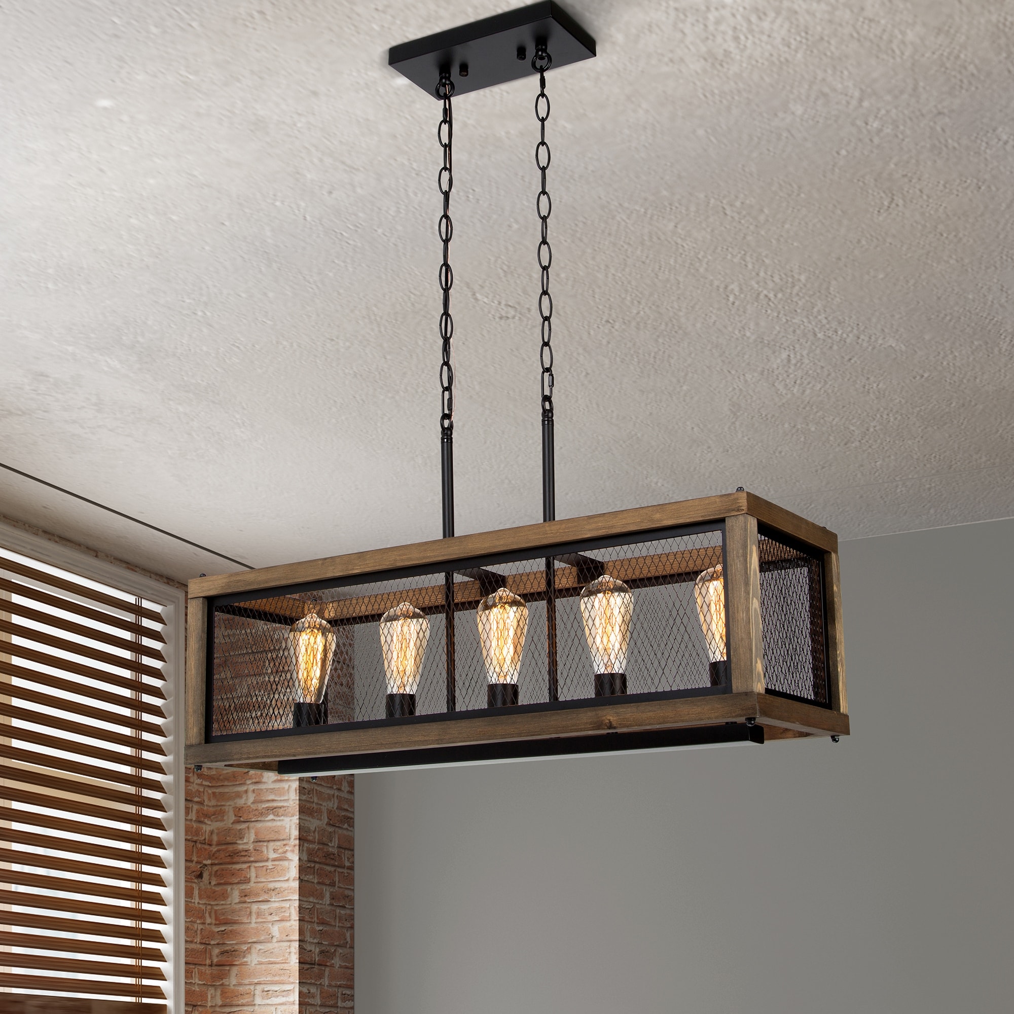 Campea Farmhouse 5-Light 31.5" Linear Wood Chandelier for Kitchen Island - L31.5"xW10"xH10"