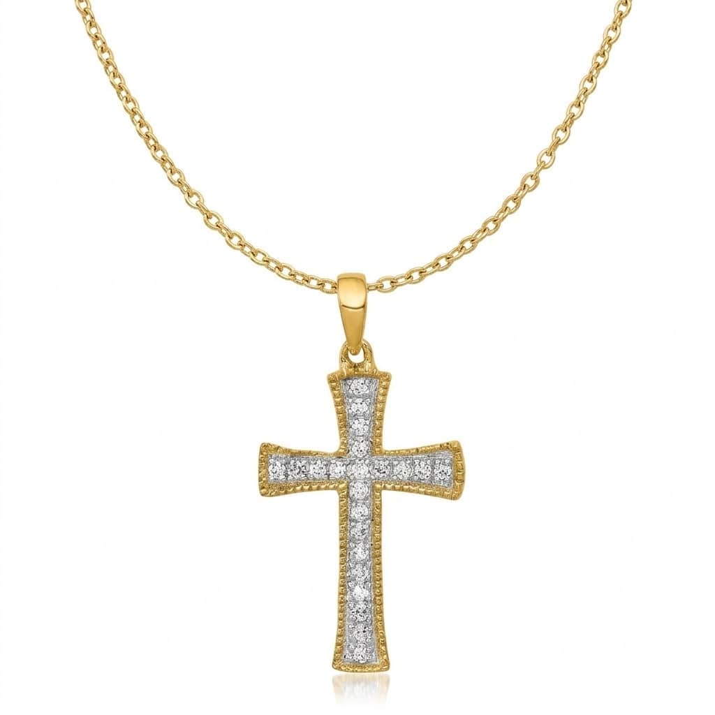 Curata 10k or 14k Yellow, White or Rose Gold 18" 0.10 cttw Genuine Diamond Beaded Flared Cross Necklace