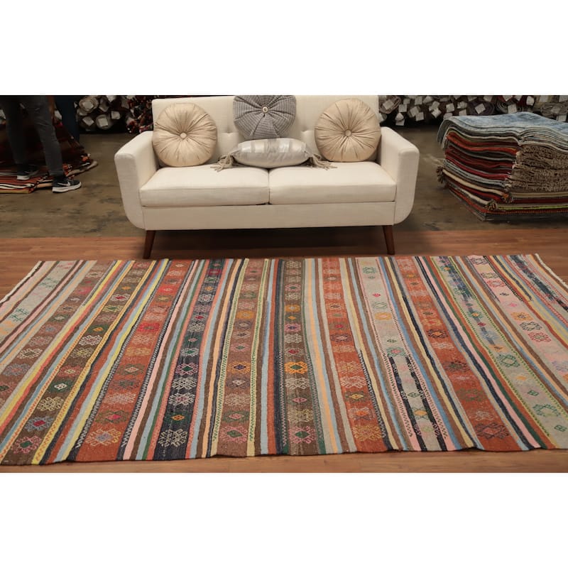 Hand Woven Oriental 100% Wool Carpet Southwestern Tribal Multi-Colored Kilim Area Rug - 9' 3'' X 5' 4''