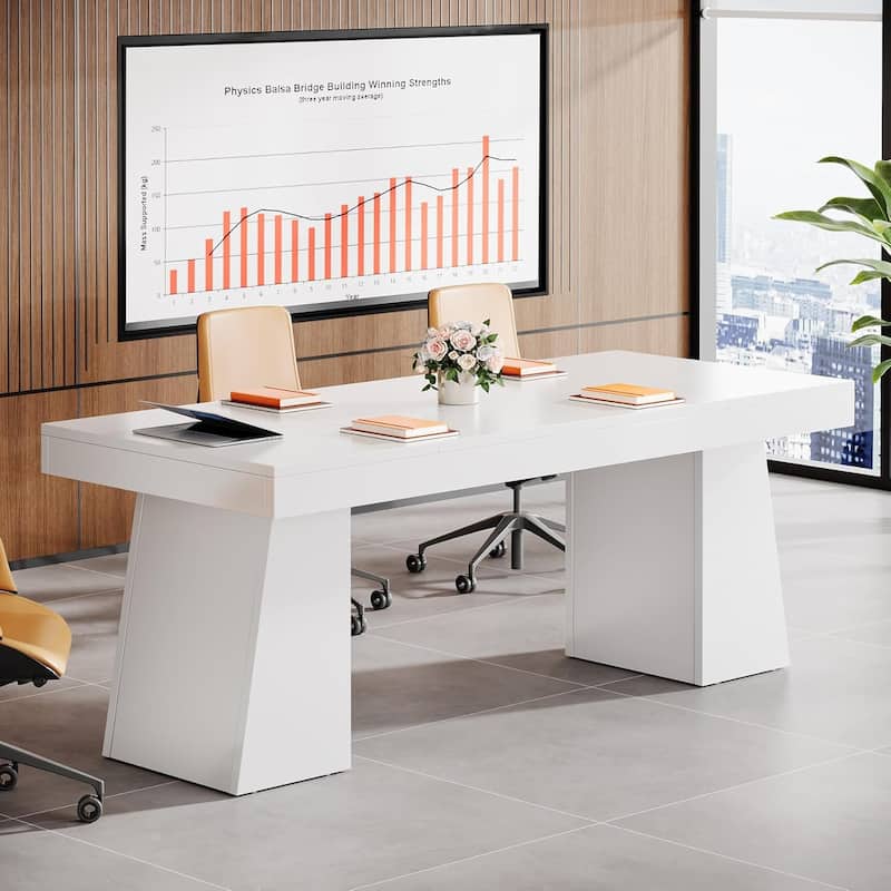 Conference Table, Modern Meeting Table with Thick Tabletop and Trapezoidal Legs