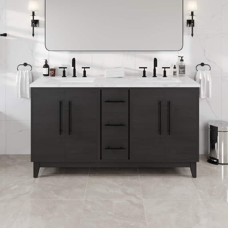 Graham 60"W Double Sink Bath Vanity with White Arabescato Engineered Stone Top - Blackwood