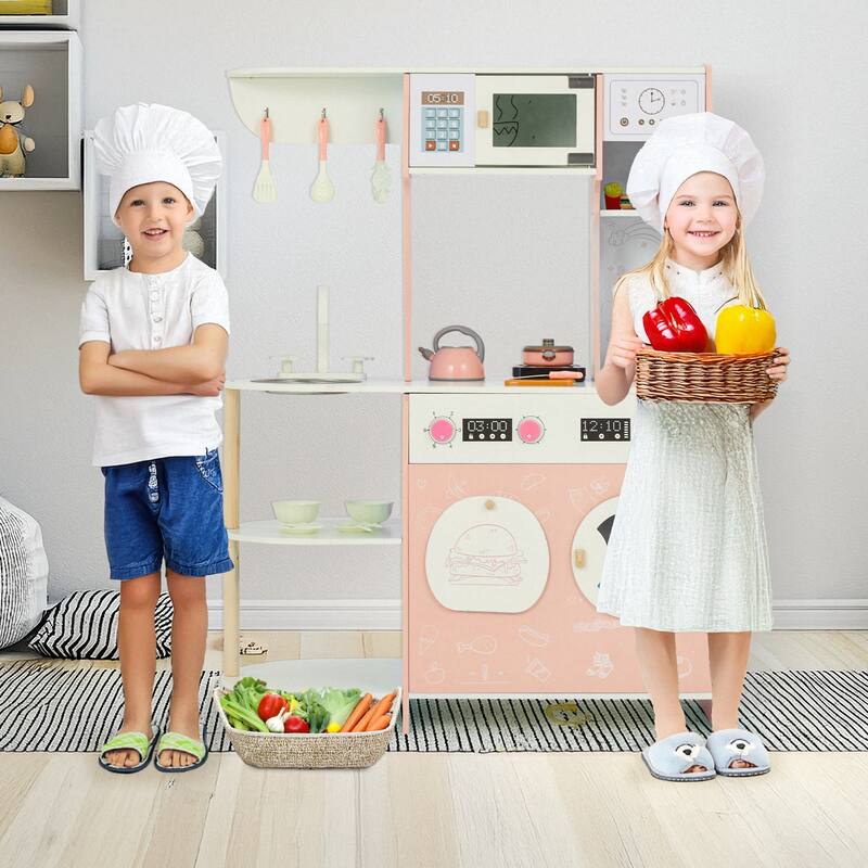 Wooden Play Kitchen Set for Kids, Pretend Cooking Toy, Interactive Kitchen Playset