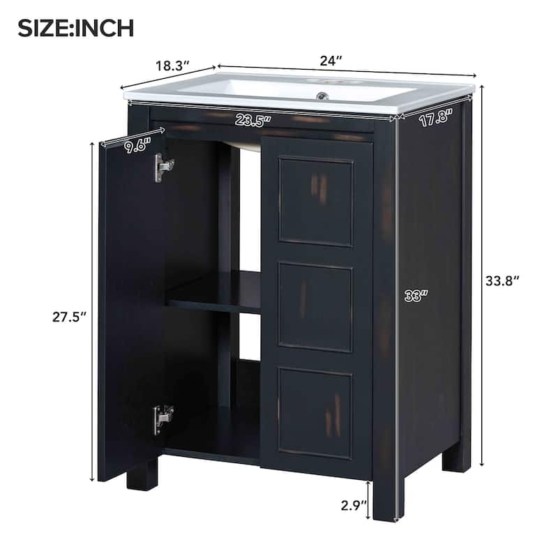 Freestanding Bathroom Vanity Set of 2, Weathered Texture Storage Cabinets with Ceramic Sinks, Storage Shelf and Soft Close Doors