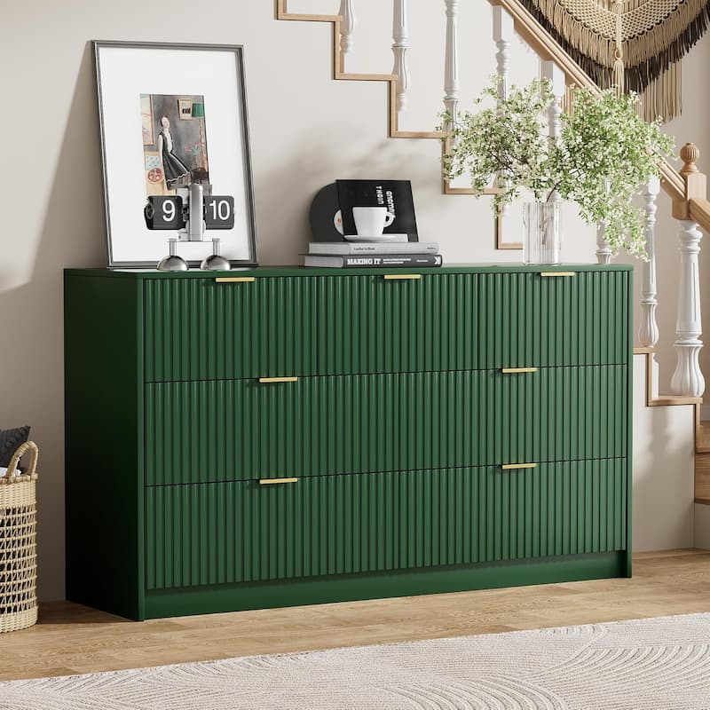 7 Drawer Dresser Fluted Wood Clothes Storage Cabinet, Modern Wide Dresser for Bedroom