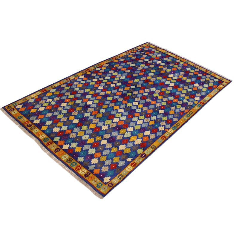 Contemporary Balochi Meyer Blue/Gold Hand Knotted Wool Rug - 4'10'' x 6'8''