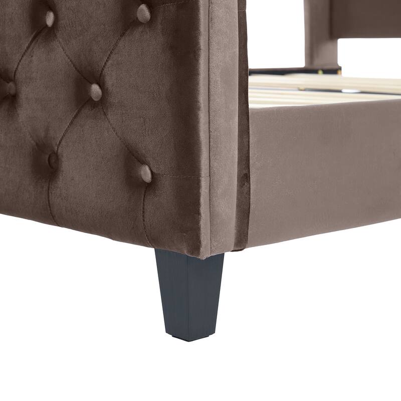 Christopher Knight Home - Amara Traditional Velvet Upholstered Sleigh Bed with Wingback Headboard & Scroll Footboard, Queen Size