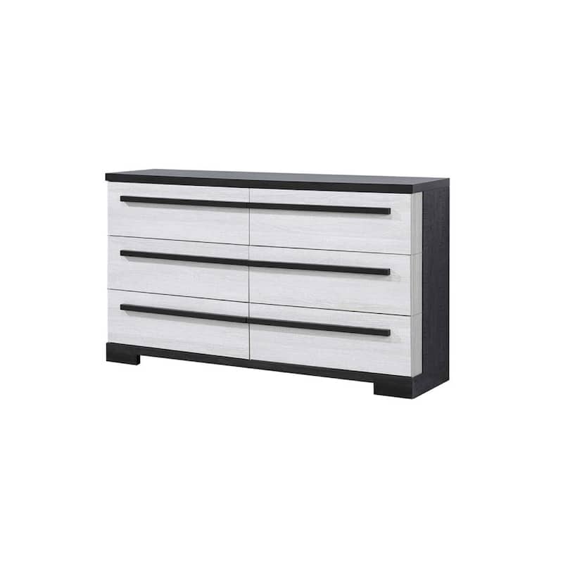 Ruthe Wide Dresser with 6 Drawers, Ebony Black, White Wood