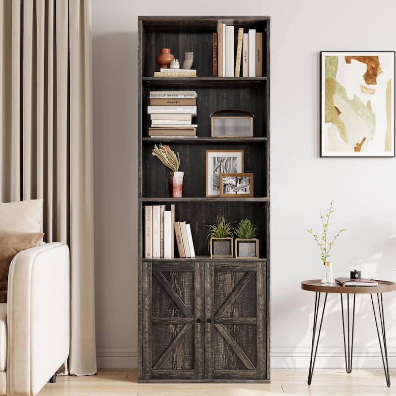 71.4" Tall Bookshelf, 4-Tier Bookcase, Book Shelf, Open Storage Shelf with Doors - Black