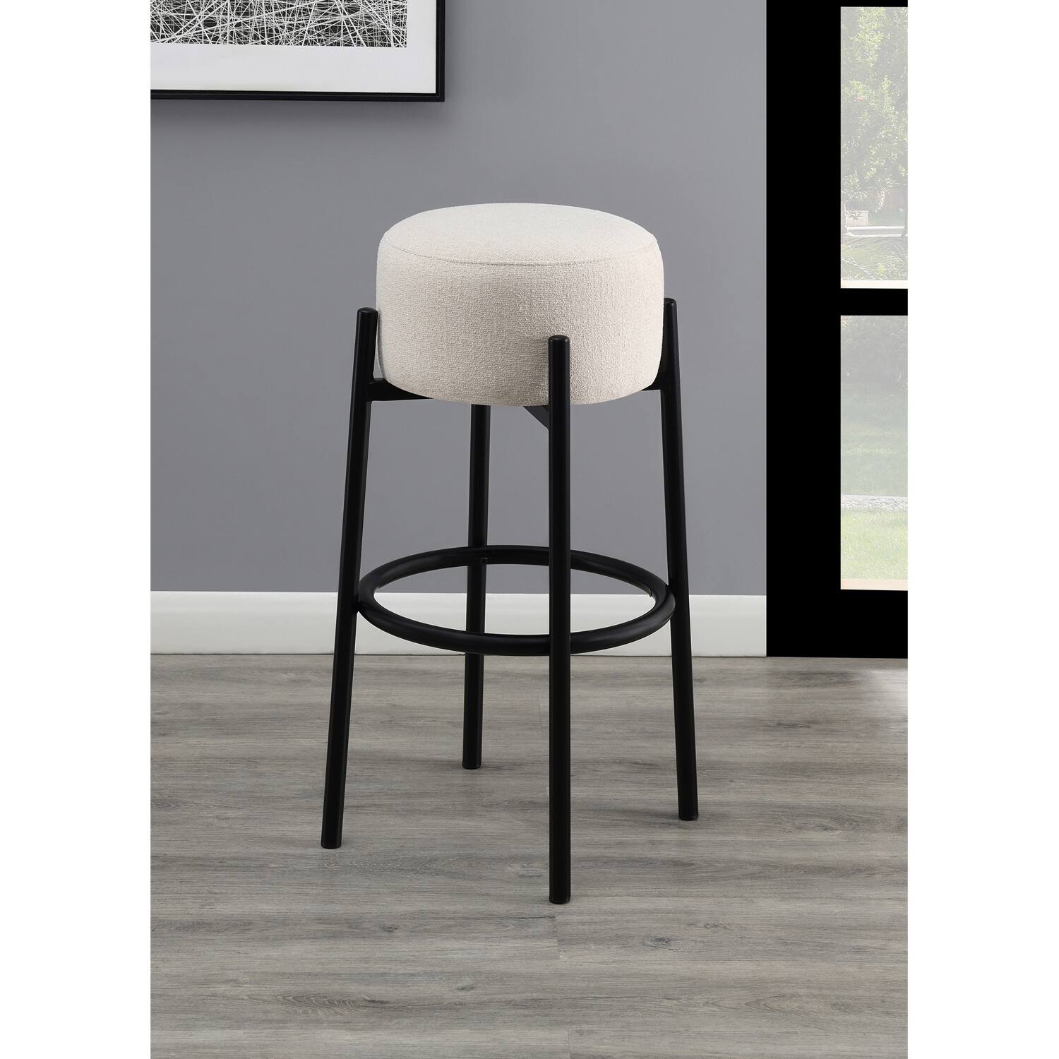 Set of 2 Upholstered Backless Metal Round Bar Stools in White and Black