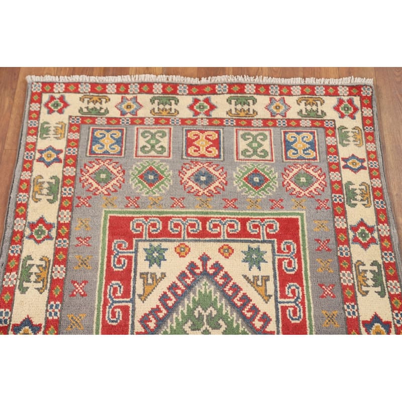 Geometric Grey Kazak Foyer Rug Handmade Wool Carpet - 2'7" x 4'2"