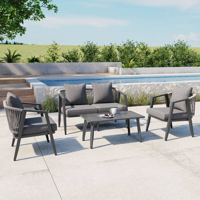 4-Piece Outdoor Iron Sofa Set with Coffee Table & Cushions - Gray