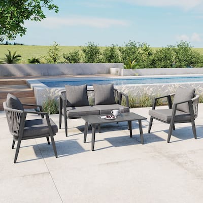 4-Piece Outdoor Iron Sofa Set with Coffee Table & Cushions