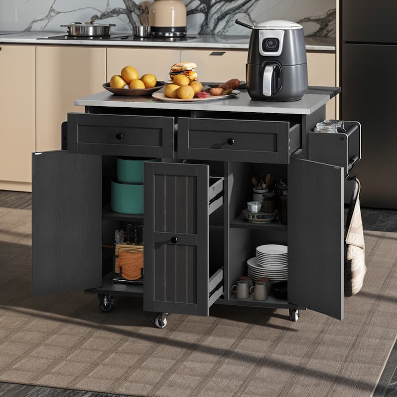 Moasis Wooden Kitchen Island with Drop Leaf Rolling Cart Extra Large Work Surface and Storage Drawers Towel Spice Rack