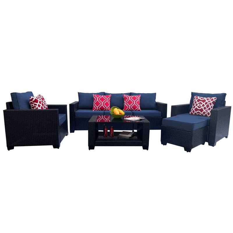 7 Piece Patio Furniture Set, Outdoor PE Rattan Wicker Sectional Sofa Set with 2 Sofa Chairs and Tempered Glass Table