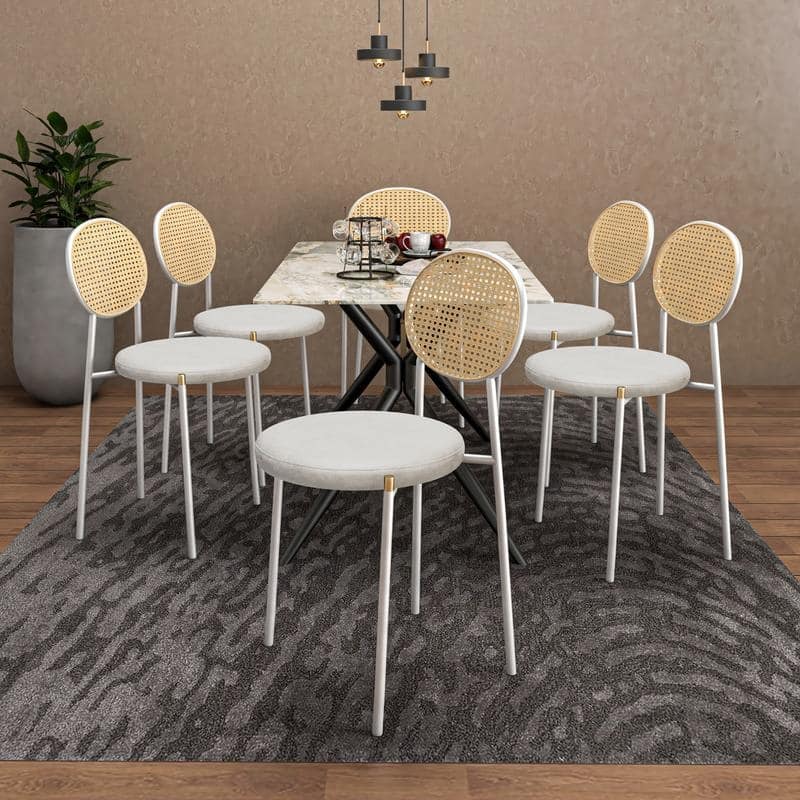 LeisureMod Euston Modern Dining Chair with Upholstered Velvet Seat - Wicker Back and White Stainless Steel Legs Accent Chair