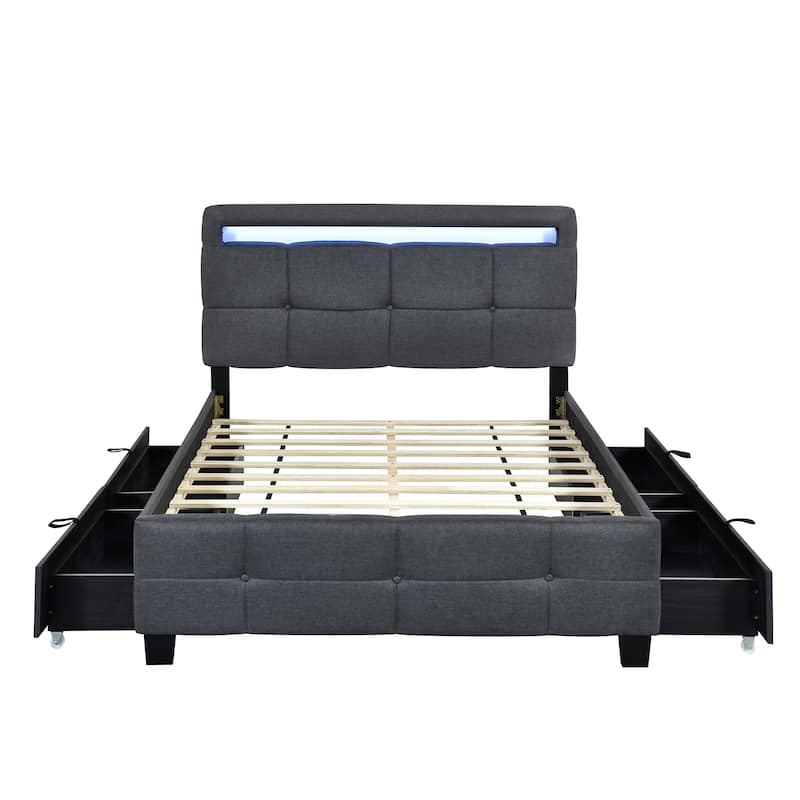 Full Size Upholstered Platform Bed with LED Frame and 4 Drawers, Linen