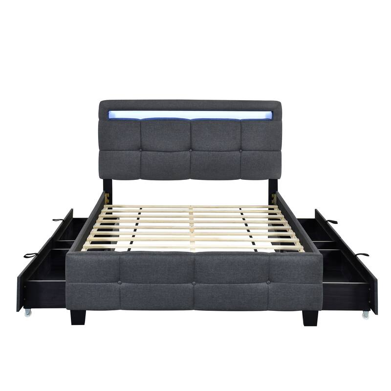 Linen Upholstered Platform Bed Frame with LED Light Headboard & 2 Drawers