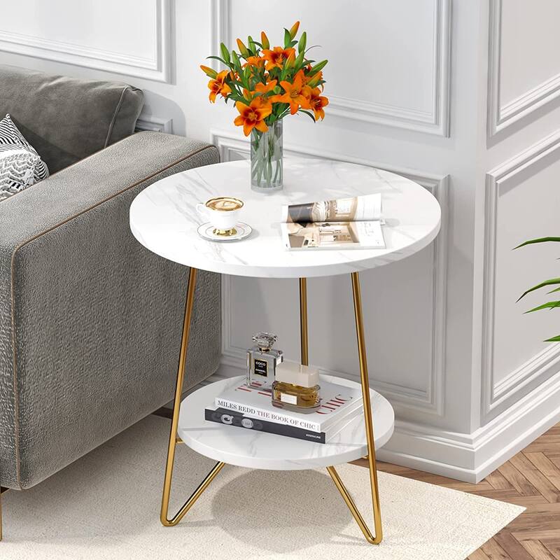 Round End Table, 2 Tier Wood Sofa Side Table for Living Room Bedroom - Marble White