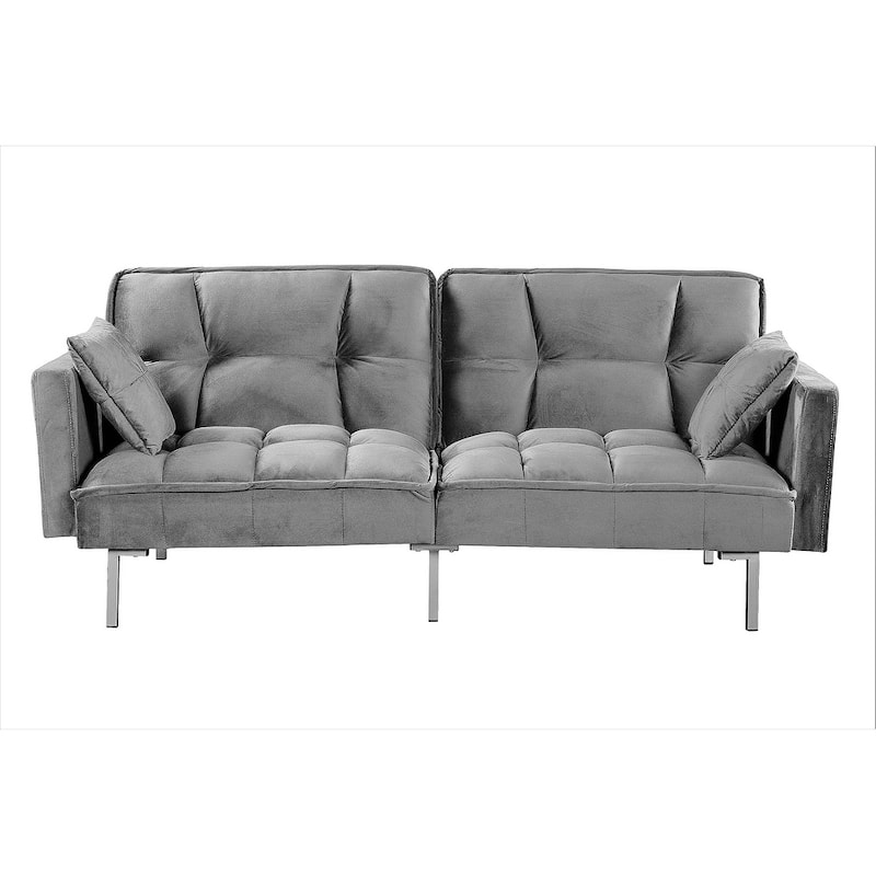 Regal Convertible Sleeper Sofa Bed Velvet Pull Out Couch with Mid-Century Style Tufted Design and Metal Legs - Grey