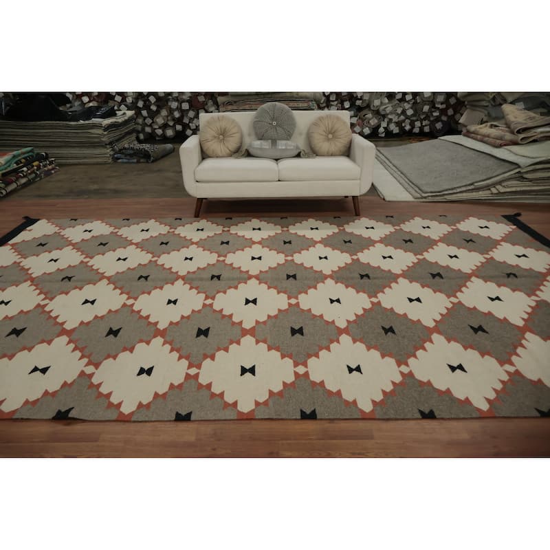 Hand Woven Oriental 100% Wool Carpet Southwestern Modern Greys & Charcoal Kilim Area Rug - 14' 1'' X 8' 4''
