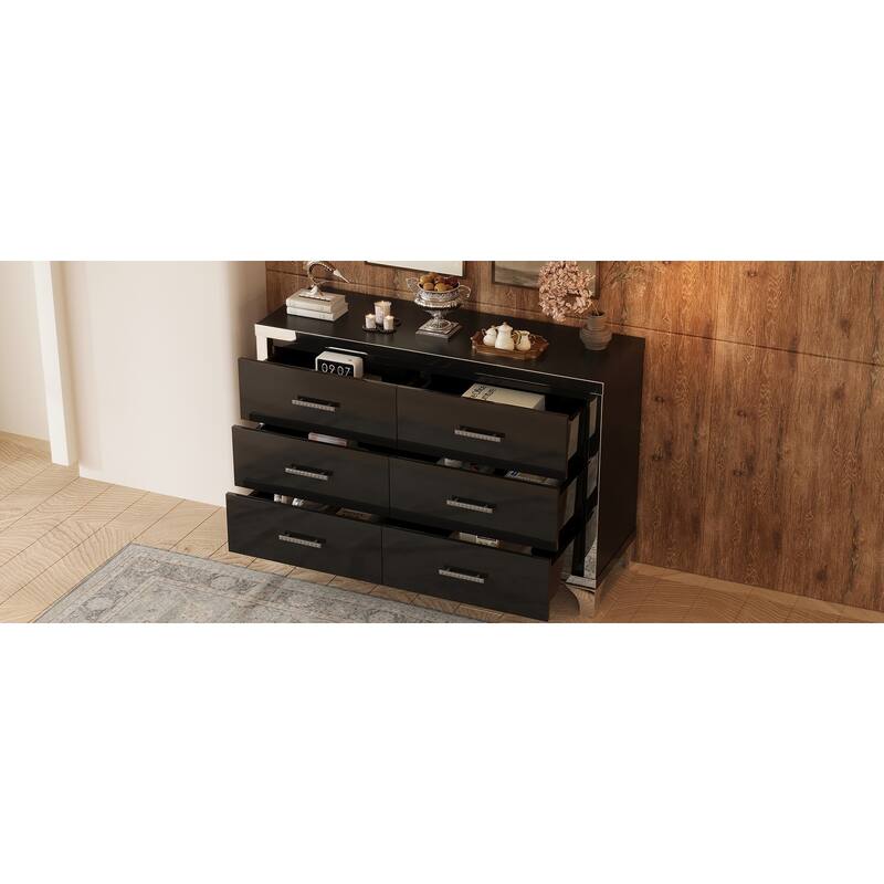Elegant High Gloss Dresser with Metal Handle,Mirrored Storage Cabinet with 6 Drawers for Bedroom