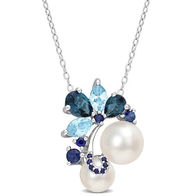 Miadora White Cultured Freshwater Pearl, London and Sky-Blue Topaz, and Sapphire Pendant Sterling Silver